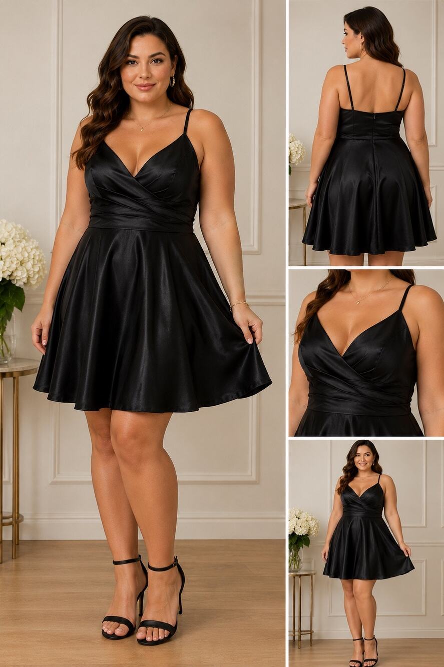 Amelia Couture Black Satin Homecoming Dress A-Line V-Neck Spaghetti Strap 16